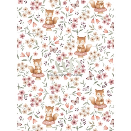 Tissu coton imprimé pour enfants Ecureuil et Papillon - Certifié Oeko-Tex®