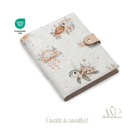 Panneau de couture Protège Carnet de Santé - Motif Tortue & Méduse - Animaux Marins DIY - Tissu Patron pour création naissance