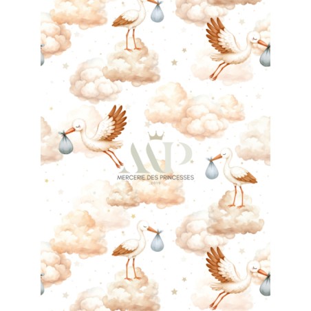 Tissu coton imprimé Cigogne Dans Les Nuages - Certifié Oeko-Tex®