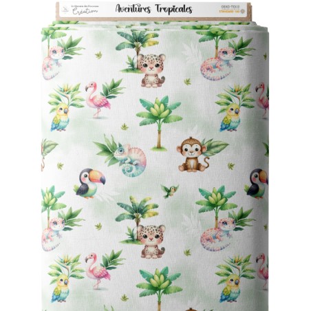 Tissu Aventures Tropicales - Tigre, Singe, Caméléon - Coton Oeko-Tex pastel - Certifié Oeko-Tex®