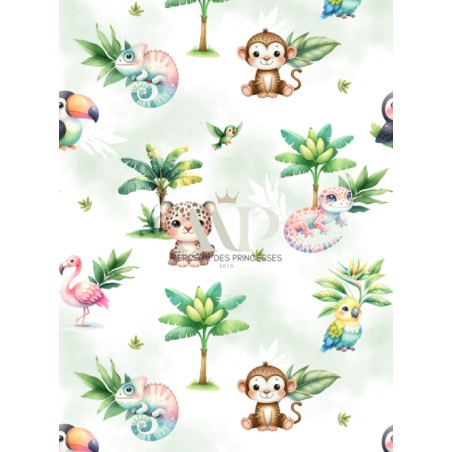 Tissu Aventures Tropicales - Tigre, Singe, Caméléon - Coton Oeko-Tex pastel - Certifié Oeko-Tex®