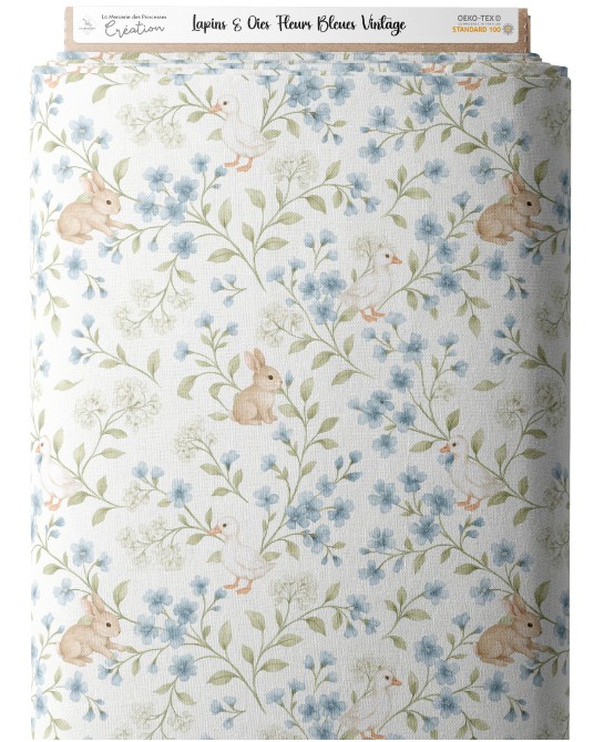 Tissu Lapins & Oies Fleurs...