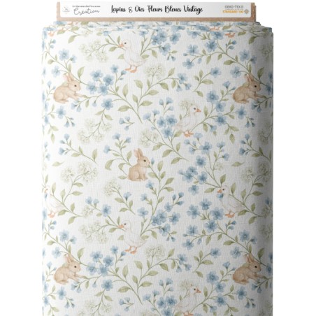 Tissu Lapins & Oies Fleurs Bleues Vintage - Coton Oeko-Tex pastel - Certifié Oeko-Tex®