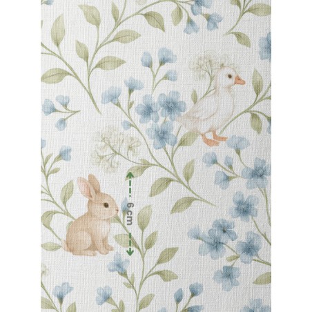 Tissu Lapins & Oies Fleurs Bleues Vintage - Coton Oeko-Tex pastel - Certifié Oeko-Tex®