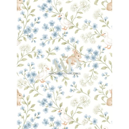 Tissu Lapins & Oies Fleurs Bleues Vintage - Coton Oeko-Tex pastel - Certifié Oeko-Tex®