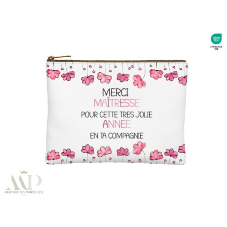 Kit création couture pochette et lingettes – Merci Maîtresse Fleurs rose – Oeko-Tex idée cadeau fin d’année scolaire