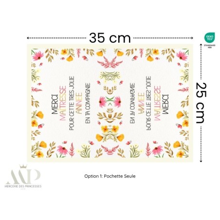 Kit création couture Pochette & Lingettes “Merci Maîtresse” Fleurs Colorées – Oeko-Tex idée cadeau fin d’année scolaire