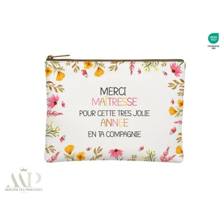 Kit création couture Pochette & Lingettes “Merci Maîtresse” Fleurs Colorées – Oeko-Tex idée cadeau fin d’année scolaire