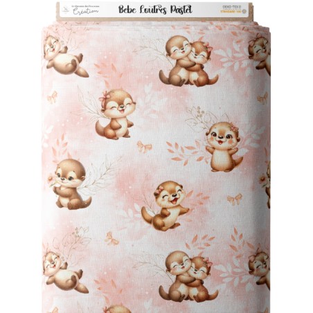 Tissu coton imprimé pour enfants Bébé Loutres Pastel Corail - Certifié Oeko-Tex®