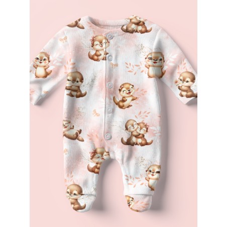 Tissu coton imprimé pour enfants Bébé Loutres Pastel Corail - Certifié Oeko-Tex®