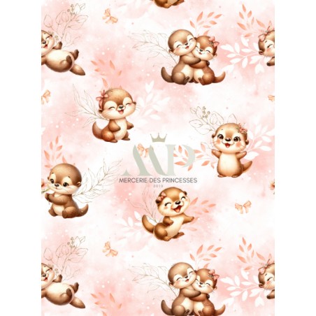 Tissu coton imprimé pour enfants Bébé Loutres Pastel Corail - Certifié Oeko-Tex®