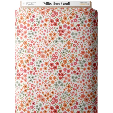 Tissu coton imprimé Petites Fleurs Corail - Certifié Oeko-Tex®