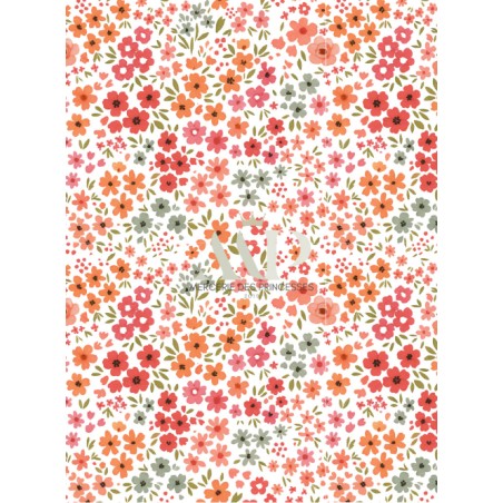 Tissu coton imprimé Petites Fleurs Corail - Certifié Oeko-Tex®