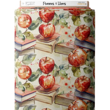 Tissu coton imprimé Pommes & Livres - Certifié Oeko-Tex®