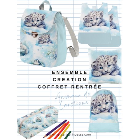 Ensemble Animaux de l'Arctique pour rentrée scolaire: sac à dos, pochons, coussins, bavoirs, trousse - coton Oeko-Tex®