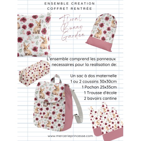 Ensemble Floral Bunny Garden pour rentrée scolaire: sac à dos, pochons, coussins, bavoirs, trousse - coton Oeko-Tex®