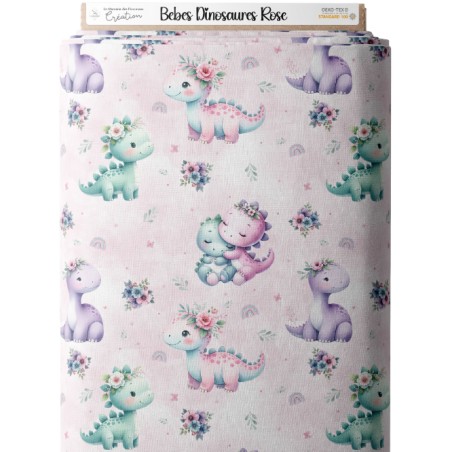 Tissu coton imprimé pour enfants Bébés Dinosaures Rose - Certifié Oeko-Tex®