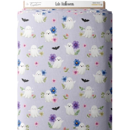 Tissu "Cute Halloween" – Motif fantômes mignons et fleurs sur fond lavande - Certifié Oeko-Tex®