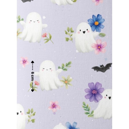 Tissu "Cute Halloween" – Motif fantômes mignons et fleurs sur fond lavande - Certifié Oeko-Tex®