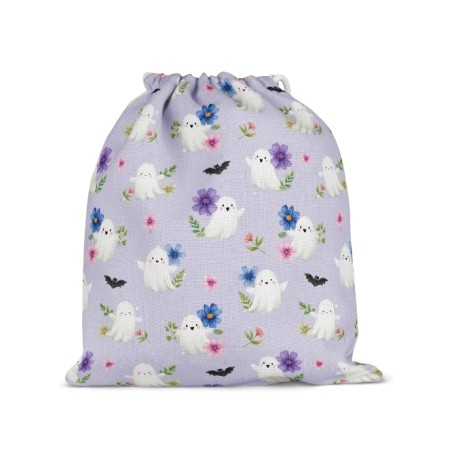 Tissu "Cute Halloween" – Motif fantômes mignons et fleurs sur fond lavande - Certifié Oeko-Tex®