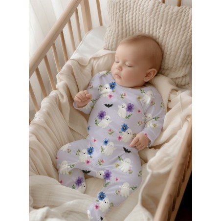 Tissu "Cute Halloween" – Motif fantômes mignons et fleurs sur fond lavande - Certifié Oeko-Tex®