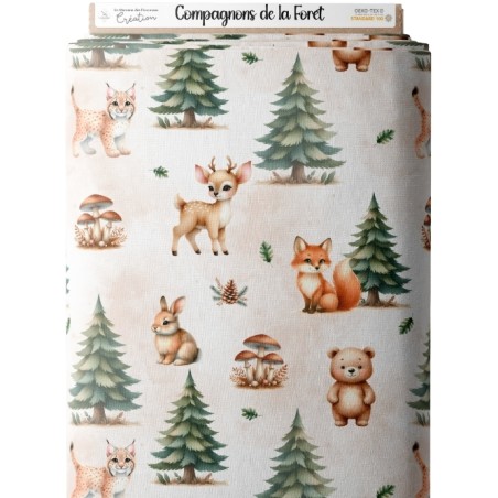 Tissu "Compagnons de la Forêt" – Motif animaux de la forêt sur fond naturel- Certifié Oeko-Tex®