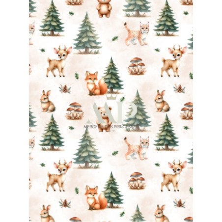 Tissu "Compagnons de la Forêt" – Motif animaux de la forêt sur fond naturel- Certifié Oeko-Tex®