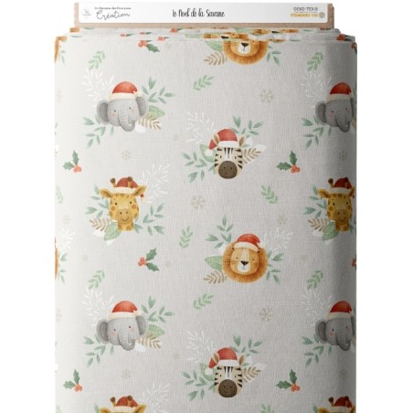 Tissu "Noel de la Savane" – Motif Animaux exotiques en fête- Certifié Oeko-Tex®