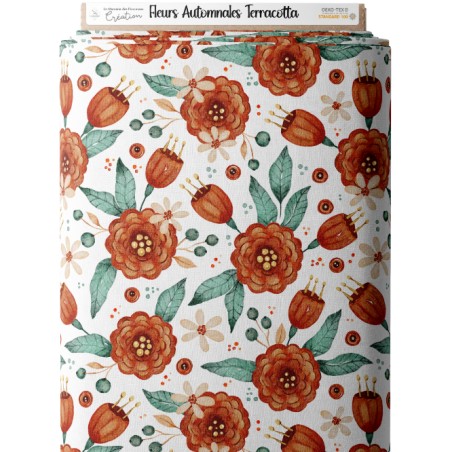 Tissu coton imprimé Fleurs Automnales Terracotta - Certifié Oeko-Tex®