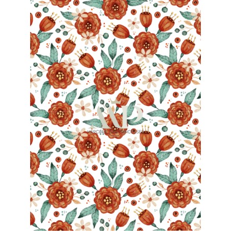 Tissu coton imprimé Fleurs Automnales Terracotta - Certifié Oeko-Tex®