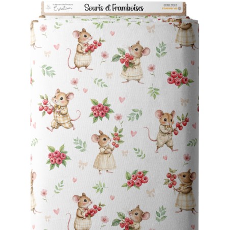 Tissu Souris et Framboises motif animal enfant Oeko-Tex®