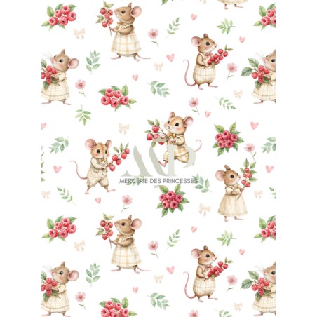 Tissu Souris et Framboises motif animal enfant Oeko-Tex®