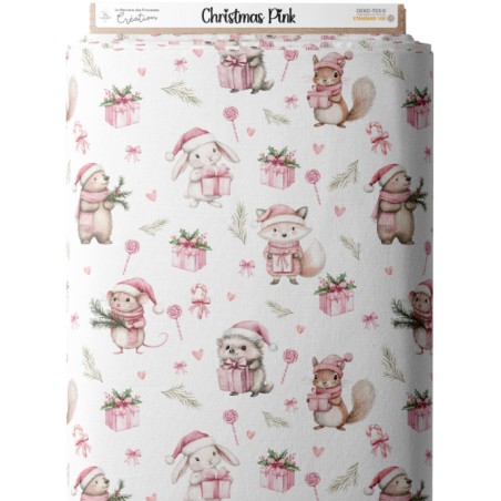 Tissu Christmas Pink motif animaux de la forêt enfant Oeko-Tex®