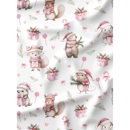 Tissu Christmas Pink motif animaux de la forêt enfant Oeko-Tex®
