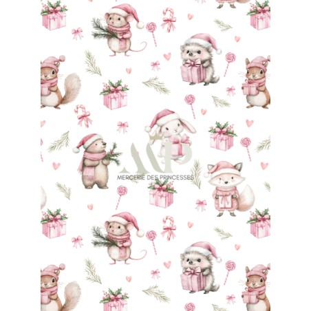 Tissu Christmas Pink motif animaux de la forêt enfant Oeko-Tex®