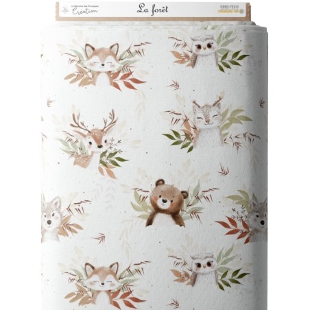 Tissu coton La Forêt – Motif aquarelle renard, faon, hibou, ours – Style nature et bohème