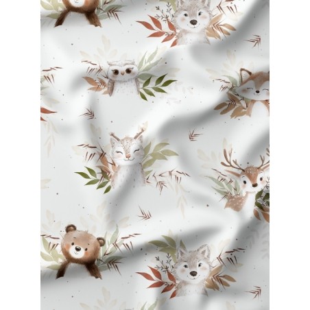 Tissu coton La Forêt – Motif aquarelle renard, faon, hibou, ours – Style nature et bohème