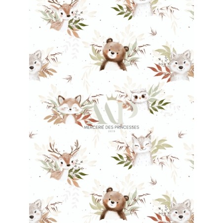 Tissu coton La Forêt – Motif aquarelle renard, faon, hibou, ours – Style nature et bohème