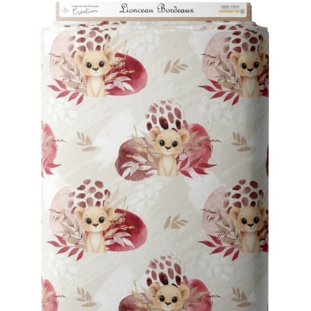 Tissu lionceau bordeaux – Motif aquarelle savane – Tissu coton Oeko-Tex bébé et enfant