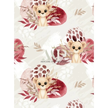 Tissu lionceau bordeaux – Motif aquarelle savane – Tissu coton Oeko-Tex bébé et enfant