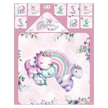 Coupon cape de bain Bébés Dinosaures Rose + 8 lingettes lavables – Oeko-Tex – kit couture facile, cadeau naissance