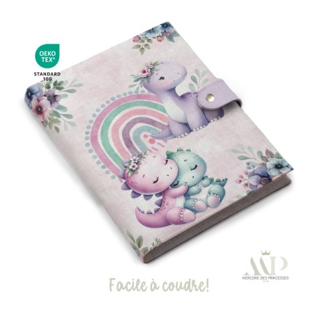 Panneau de couture Protège Carnet de Santé - Motif Bébés Dinosaures Rose - Animaux DIY - Tissu Patron pour création naissance