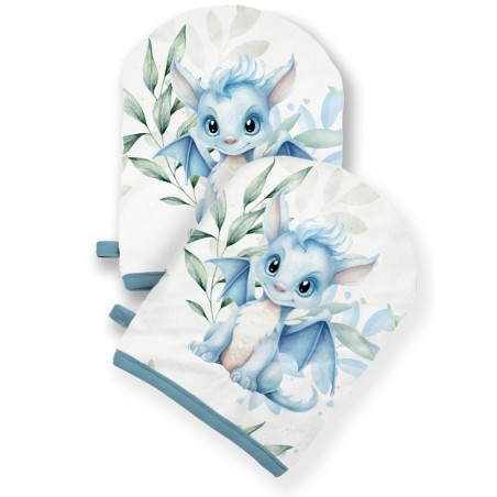 Coupon pour 5 Gants de toilette pour bébé à réaliser soi-même Dragon Bleu et Vert Coton Oeko-Tex