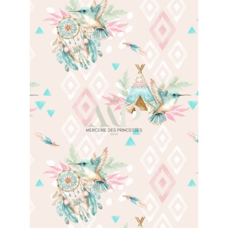 Tissu Petit Colibri Boho– Motif Aquarelle Colibri – Tissu coton Oeko-Tex bébé et enfant