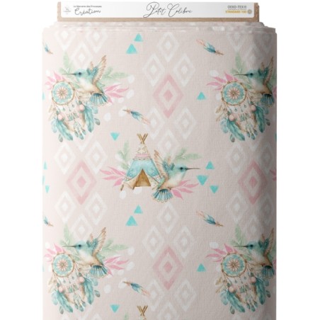 Tissu Petit Colibri Boho– Motif Aquarelle Colibri – Tissu coton Oeko-Tex bébé et enfant