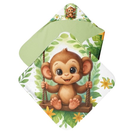 Coupon cape de bain Bébés Singe sur balançoire + 8 lingettes lavables – Oeko-Tex – kit couture facile, cadeau naissance