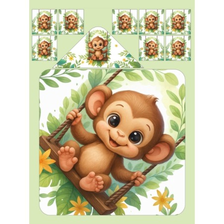 Coupon cape de bain Bébés Singe sur balançoire + 8 lingettes lavables – Oeko-Tex – kit couture facile, cadeau naissance