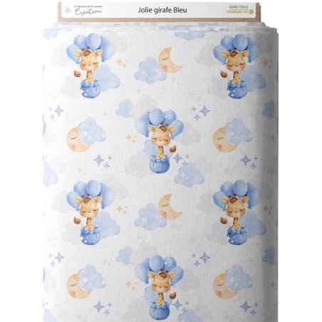 Tissu coton imprimé pour enfants Jolie Girafe Bleu- Certifié Oeko-Tex®