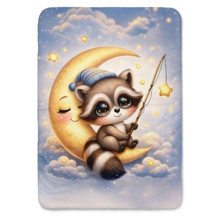 Coupon couverture Raton Laveur dans la lune – Oeko-Tex – 75x100, 100x150 ou 150x200 cm – couture facile, cadeau naissance