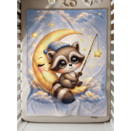 Coupon couverture Raton Laveur dans la lune – Oeko-Tex – 75x100, 100x150 ou 150x200 cm – couture facile, cadeau naissance